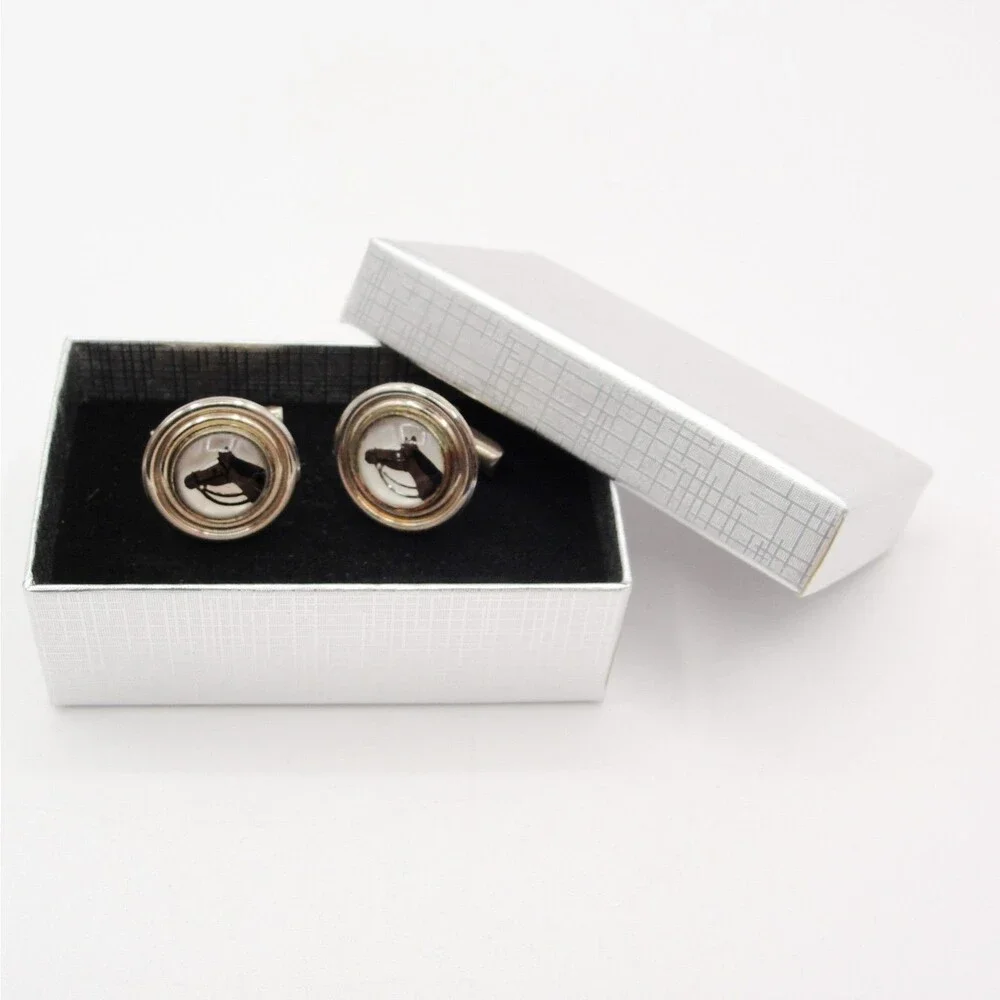 Vintage Silver Reverse Painted Intaglio Glass Horse Head Equestrian Cufflinks